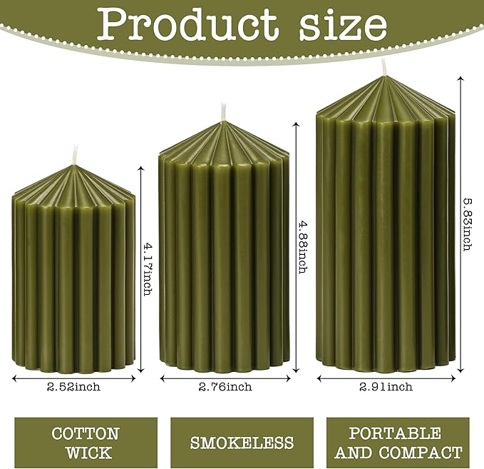 3 Pack Dark Green Ribbed Pillar Candles - Soy Wax Unscented, 2.76"x4.2/4.9/5.9 in Smokeless Non Toxic Cotton Wick, Aesthetic Modern Candles for Home Decor, Dinner Table, Living Room, Housewarming Gift