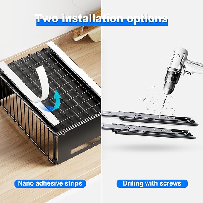2 Pack Pull Out Cabinet Organizer, Slide Out Drawers for Cabinets, Peel and Stick, Heavy Duty Shelves for Kitchen, Cupboard, Pantry, Bathroom (14.76" D*9.65" W*7.87" H-Black)