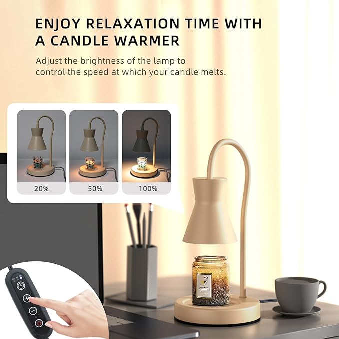 LALISU Candle Warmer Lamp with Timer and Dimmer, Vintage Electric Candle Melter with 2 Bulbs, Melter Scented Candle Height Adjustable Compatible with Jar Candles, House Warming Gifts (Beige)