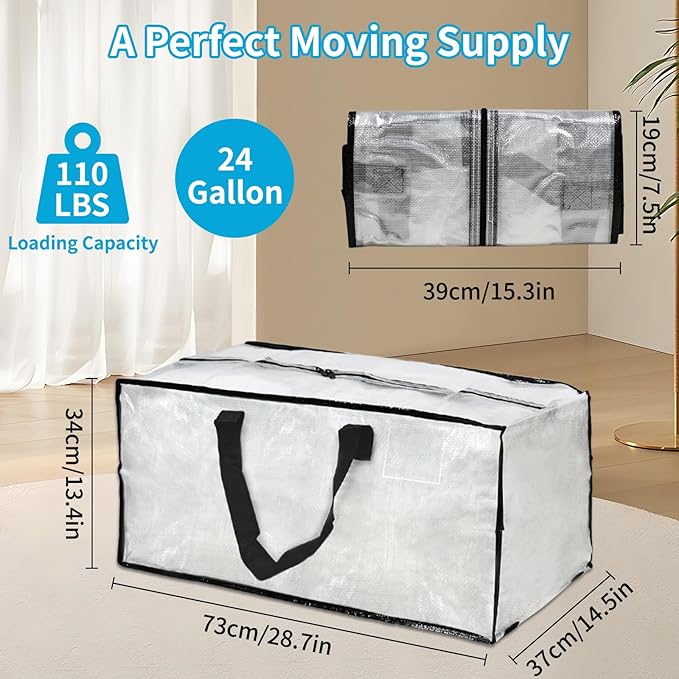 Clear Moving Bags – 8 Pack Large Foldable Storage Bags with Handles and Straps for Clothes, Bedding, and Seasonal Items