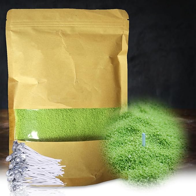 DRMAISON Pearled Candle Wax Sand DIY Kit - 17.6 oz, Grass Green, Non-Toxic&Smoke-Free, Refillable with 30 Wicks, Long-Lasting Flame, Highly Customizable for Wedding, Party&Holiday Decor