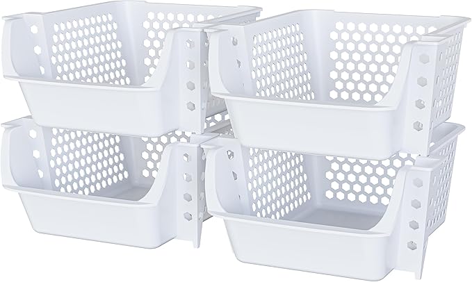 Skywin TidyFriend Stackable Storage Bins for Pantry, 4 Pack Stackable Bins For Organizing Food, Kitchen, and Bathroom Essentials (White)