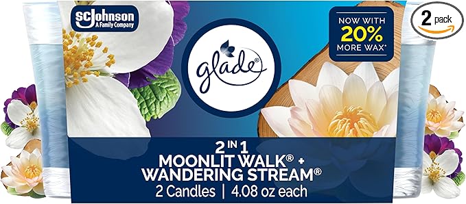Glade 1-Wick 2in1 Scented Candle Jar, Moonlit Walk & Wandering Stream, Air Freshener Infused with Essential Oils, 4.08 Oz, 2 Count