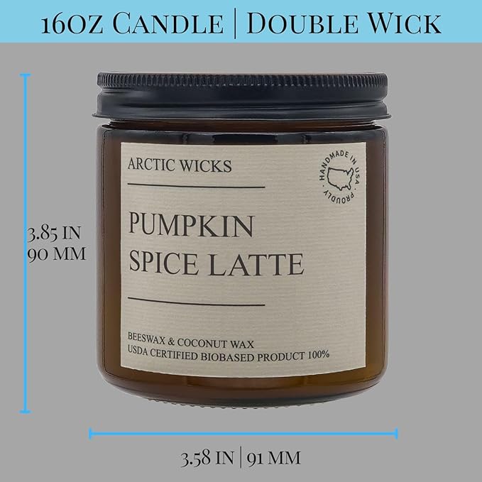Pumpkin Spice Latte Candle | Arctic Wicks Scented Coconut & Beeswax Candles | 16oz Amber Non-Toxic Fall Decor Candles Gifts Pumpkin Spice for Autumn | USDA Certified Biobased