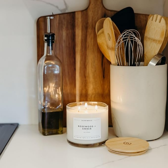 Calyan Wax Co. Rosewood & Amber 3 Wick Scented Candle - 43 Hour Burn - Luxury 3 Wick Soy Candles - Non Toxic Soy Wax Candles - Long Lasting Large Glass Jar Candle for Home - 14.9oz