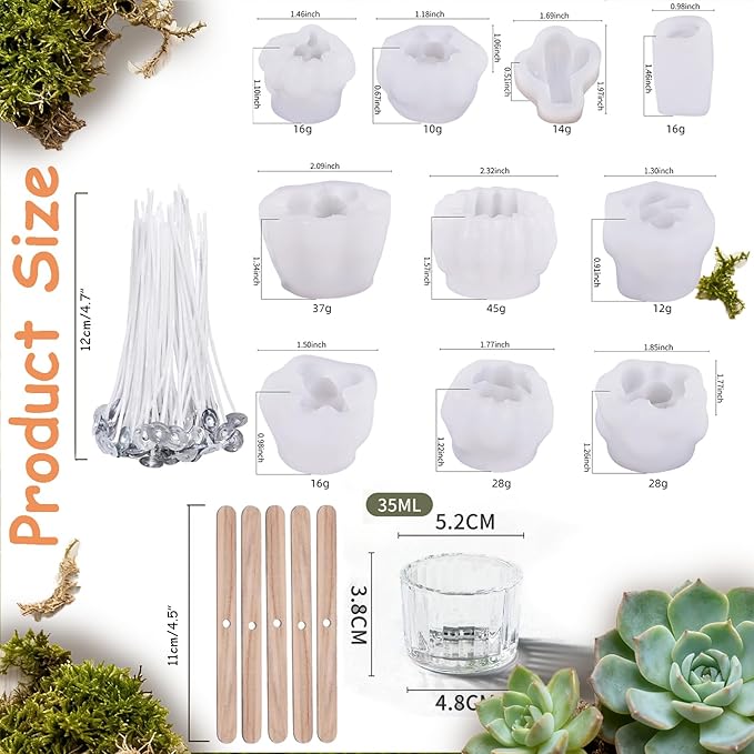 ZRLABL Candle Making Kits for Beginners, DIY Candle Making Supplies Include 10pcs Succulent Silicone Molds, 50pcs Gift Tags, 65ft Jute Twine, 6pcs Clear Candle Jars, 50pcs Candle Wicks