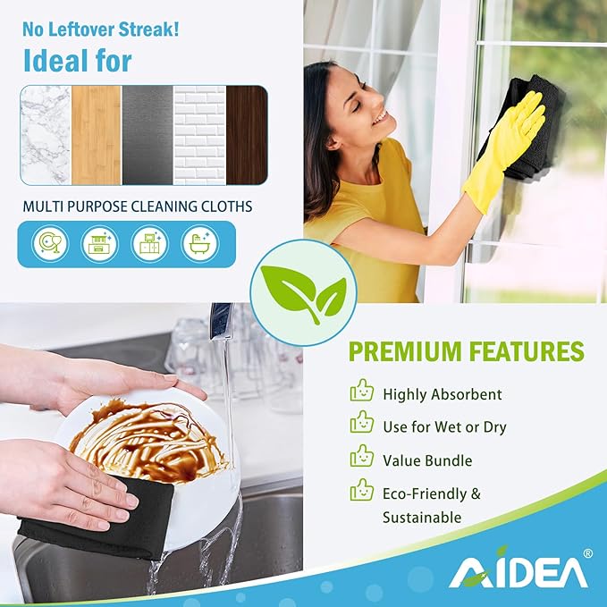 AIDEA Microfiber Cleaning Cloth Black 24PK, Microfiber Towels for Cars, Premium Car Cloths, Dusting Cloth Lint Free Cleaning Rags for SUVs, House, Kitchen, Window, Workshops,11.5×11.5"
