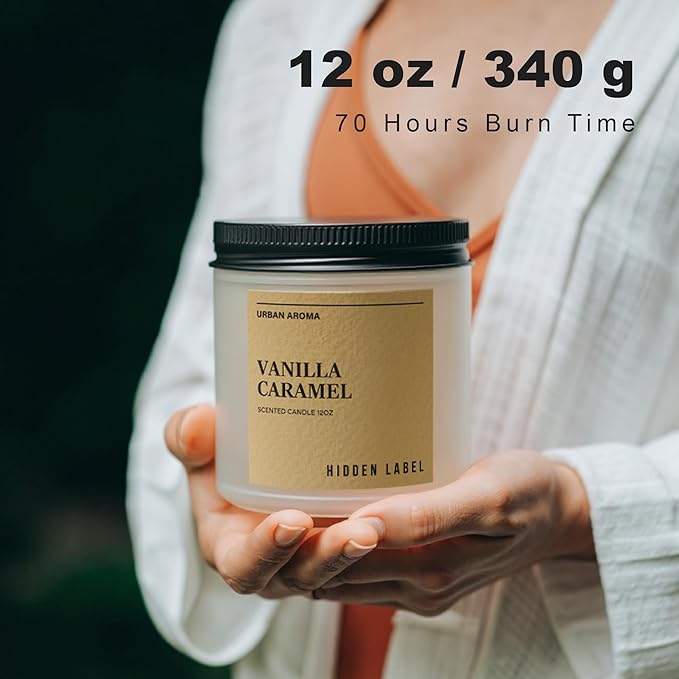 Hidden Label Vanilla Caramel Scented Candle, 12oz Large Soy Wax Candle for Home Scented, 70H Long Lasting 2-Wick Non Toxic Aromatherapy, Sweet & Cozy Home Decor Gift for Relaxation, Stress Relief
