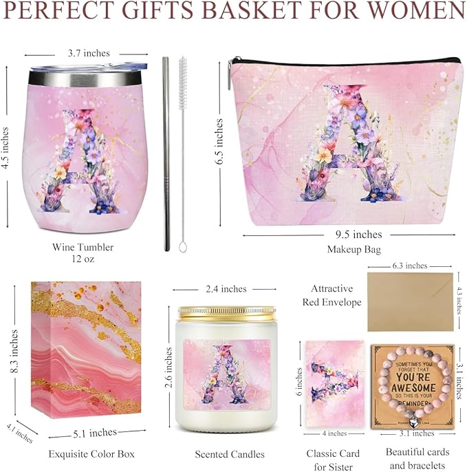 Personalized Gifts Monogrammed Birthday Gifts for Women, Bridesmaid Bachelorette Party Wedding Christmas Initial Wine Tumbler Makeup Bag Scented Candle Bracelet Set, (Aesthetic Pink Flower A)
