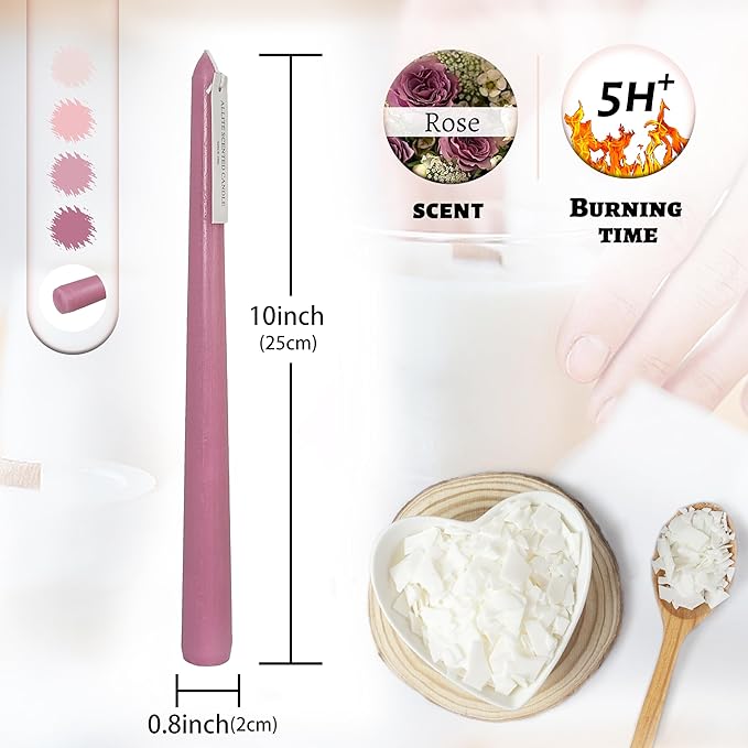 Dripless Handmade Gradient Pink Taper Candlesticks Rose Scented Long Lasting Smokeless Aromatherapy Candles 10 Inch Elegant Tall Candlesticks for Home Décor Wedding Gift