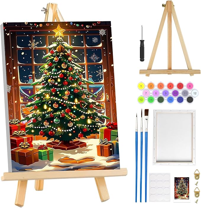 MOGTAA Christmas Paint by Numbers Kit for Adults Beginners with Frame, Christmas Tree Adult Paint by Number Kits on Canvas with Easel, Easy DIY Oil Painting Kits for Home Decor, 8x12in