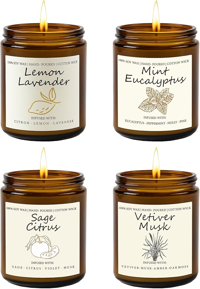 Scented Candle Gift Set, 4 Pack 25oz Soy Wax Candles, Long Lasting Aromatherapy Candles for Home Fragrance, Ideal Gift for Women and Men – Eucalyptus Mint, Lemon Lavender, Musk Vetiver, Sage Citrus