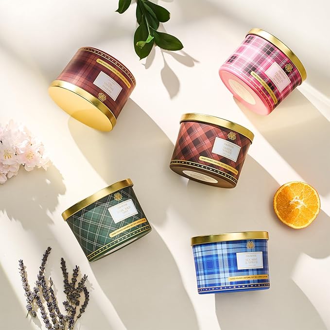 M&SENSE Plaid Pattern 3 Wick Soy Candles,11.64 oz Large Sea Mint & Spruce Scent Candle for Relaxation, Gifting, Home Décor | for Bedroom, Office, Party