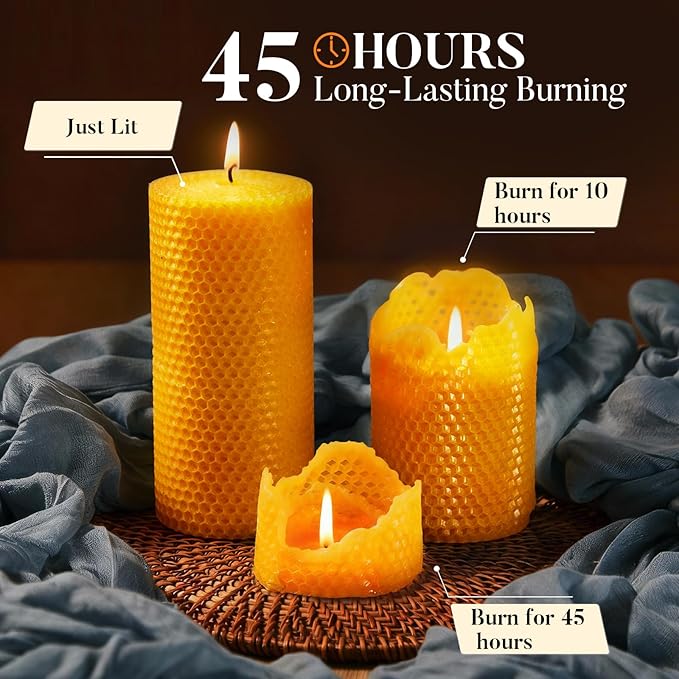 Beeswax Pillar Candles, 3x6 Inch -Set of 3 Hand-Rolled Honeycomb Candle - Long Burning 270+ Hours, Dripless Smokeless Unscented Handmade Beeswax for Home Decor, Prayer, Wedding,SPA