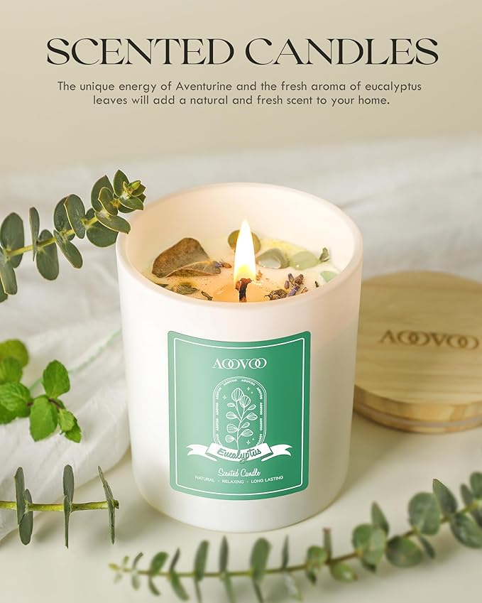 AOOVOO Eucalyptus Mint Scented Candles for Women - Aromatherapy Candle with Crystals Inside, 10oz Soy Candles for Home Scented, Birthday Gifts Valentines Day Candle for Women Mom