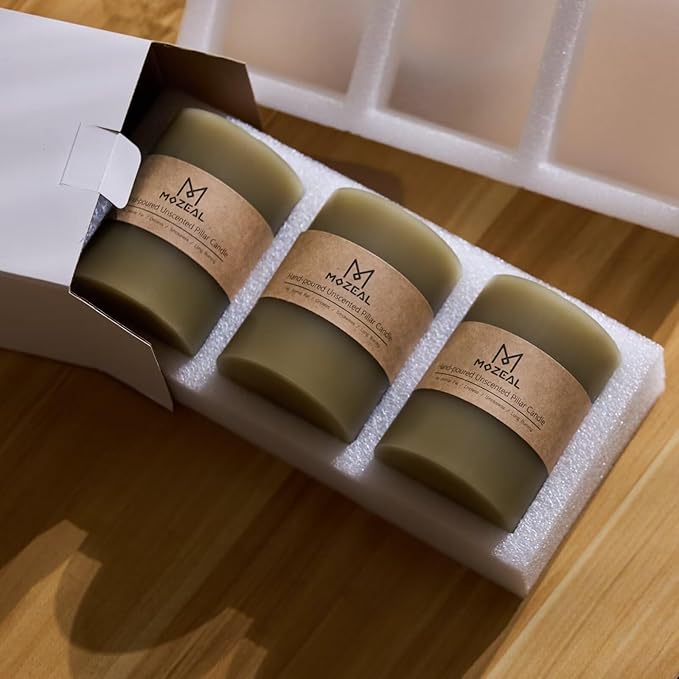 MOZEAL 3" x 6" Hand-Poured Unscented Candle, Dripless Pillar Candle Set of 3, Long Lasting Burning, Approx 120 Hours Burn Time, Rustic Country Style, for Easter Dinner, Spring Decor, Sage