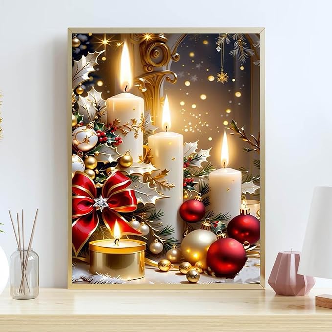 Diamond Art Kits for Adults, Christmas Candles Diamond Painting Kits for Beginners, 5D Full Drill Gem Art Paint with Diamonds Dots Crafts Kits for Home Decor Gift 12x16inch