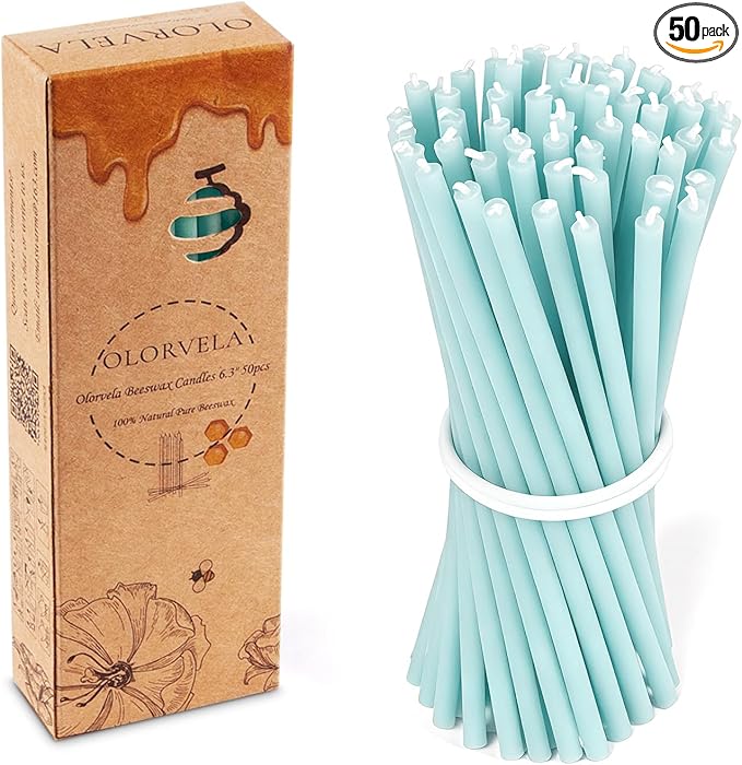 Pure Beeswax Candles, 6.3" Decorative Thin Taper Candles,Honey Scented, Dripless, Smokeless, 30min Burn Time for Birthday, Dinner, Prayer, Church, Hanukkah, Christmas (Blue, 50 pcs)