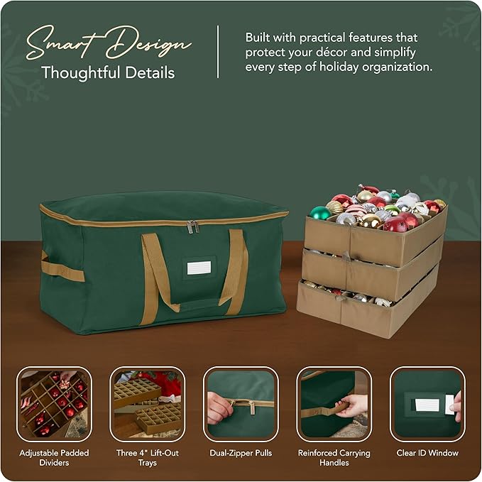 Covermates Keepsakes Adjustable Ornament Storage Bag – Heavy-Duty Polyester, Padded Dividers & FlexGrid Trays – Protective Holiday Ornament Organizer with Handles & Label Window, Green