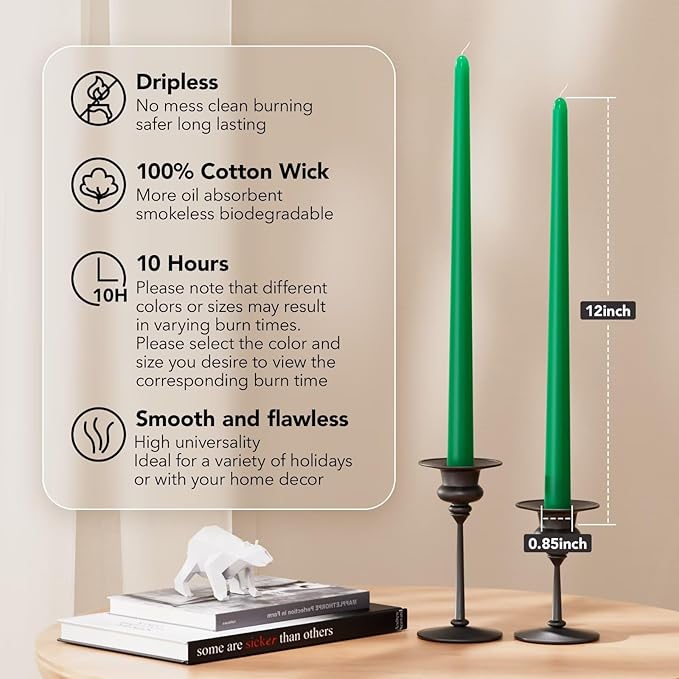 12-Inch Tall Dripless Taper Candles Set of 4 - Emerald Tapered Candles, Perfect for Spring - Smokeless, Unscented, Long Burning - Hand Poured, Colored Tall Candlesticks - Jade