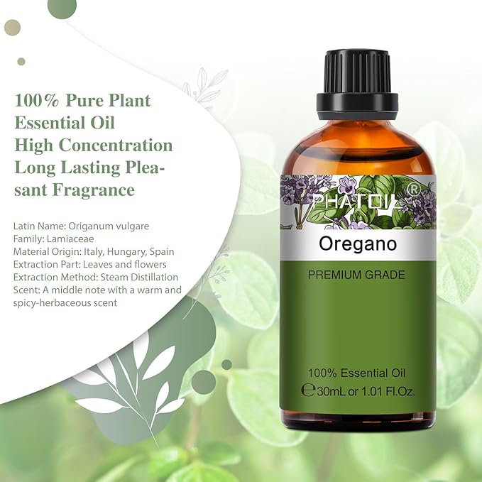 Oregano 1.01fl.oz Essential Oil, PHATOIL Pure Aromatherapy Oils for Diffuser, Humidifier, Perfect for DIY Soap, Candle, Bath Bombs Making(30ml)