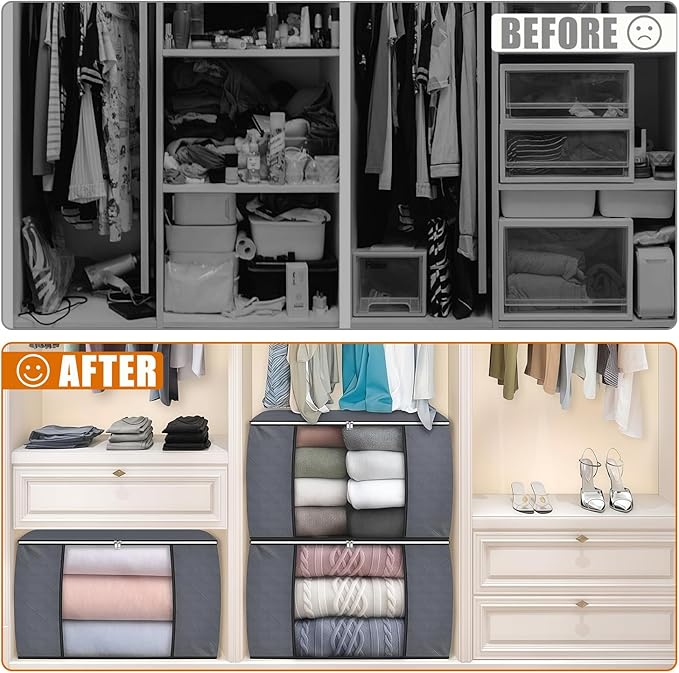 90L Large Foldable Storage Bags with Lids, 6 Pack - Closet Qrganizers and Storage Containers for Clothes, Blankets, Bedding | Reinforced Handles, Home Storage Bins, Gray