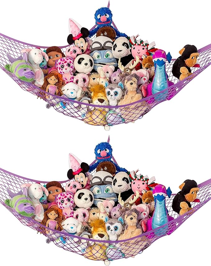 Lilly's Love Large Stuffed Animal Hammock | Corner Hanging Organizer, Toy Storage, Stuffed Animal Storage Net | Made from Quality Fishing Net, Holds 12lbs | 79"x63"x63" (Purple, 2 Pack)