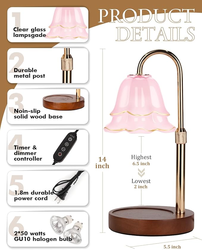 Pink Candle Warmer Lamp with Timer & Dimmer, Adjustable Height Mothers Day Birthday Gifts for Women Mom, Flower Candle Lamp Warmer, Wax Warmer with 2 Bulbs, House Warming New House Decorations