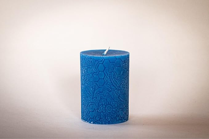 BeeTheLight Beeswax Pillar Candle - 100% Pure Bees Wax - Choose Your Size and Color - 54 Hour Burn Time - Fits 3x4 Holder - Unscented - Natural Light Honey Scent (Rustic Blue, Medium)