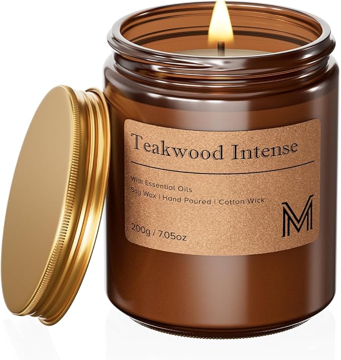 M&SENSE Teakwood Intense Scented Christmas Candle Gift, Aromatherapy Candle Set for Women, Soy Wax Candles Home Scented, Long Lasting Amber Jar Candles Gift for Christmas, Thanksgiving, Holiday