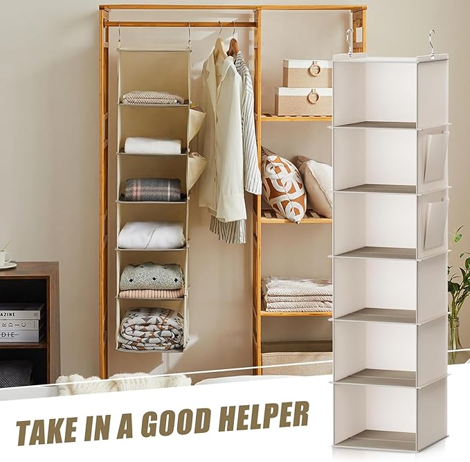 6-Shelf Hanging Closet Storage,Strong Frame Beige Closet Organizer with Side Pockets for Clothes and Accessories, Closet Organizers and Storage Solution, Send Goods from Local Warehouse