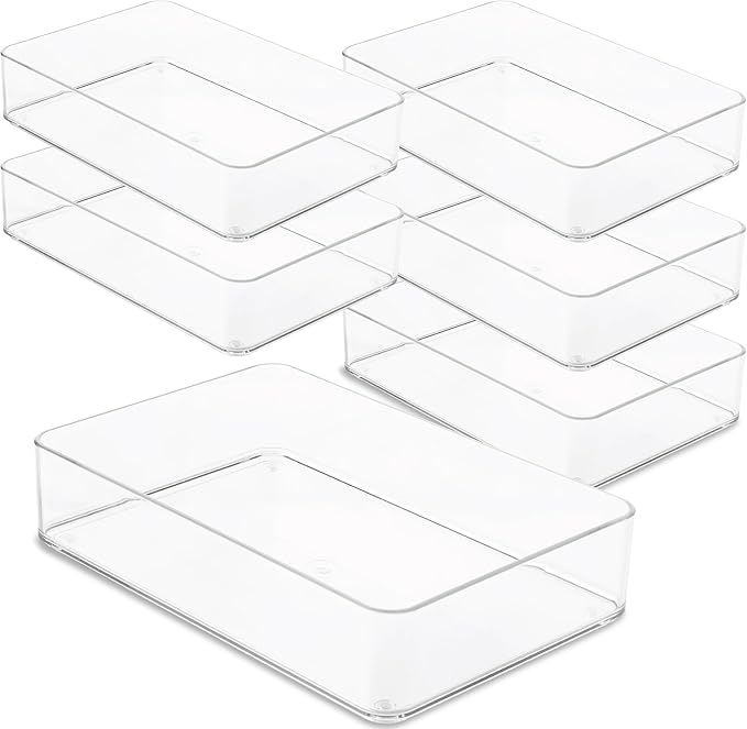 primebox Plastic Clear Drawer Organizers. Bathroom. Kitchen, Bedroom, Utensils, Office Organizer Bins, Storage Trays. Stackable. 9" x 6" x 2" Set of 6