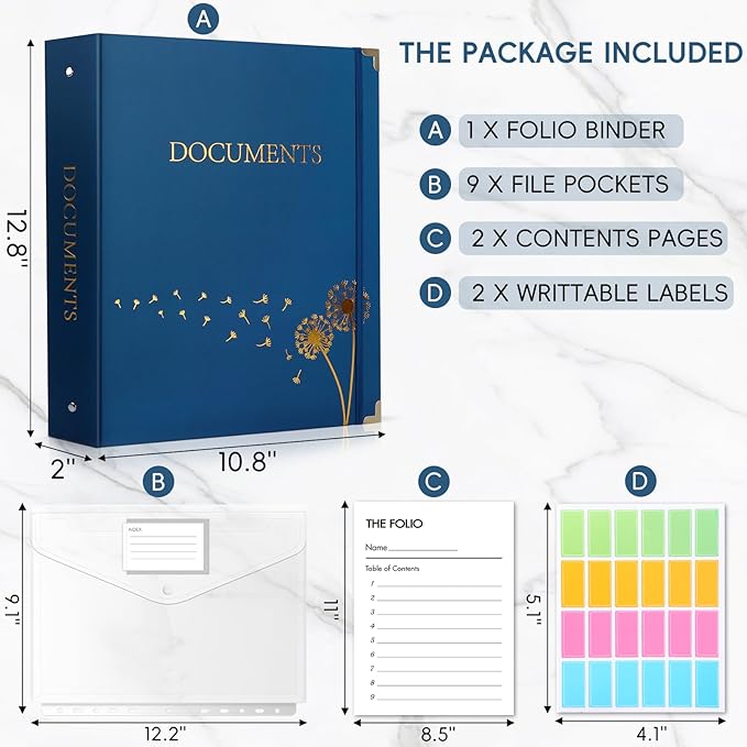 XKDOUS Aesthetic Document Organizer with 9 Pockets, 3 Ring Accordion Binder Folio Folders for Important Papers, A4 Letter Size Expanding File Storage Holder for Home, Office