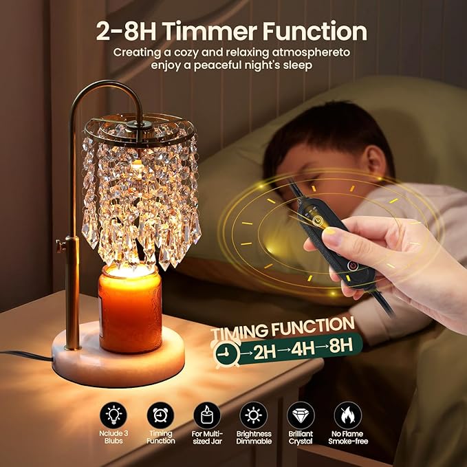 Candle Warmer Lamp with Timer Dimmer and 3 Bulbs,Adjustable Height for New Home Bedroom, Vintage Home Decor for Scented Jar, House Warming Decor Gifts, Minimalist Crystal