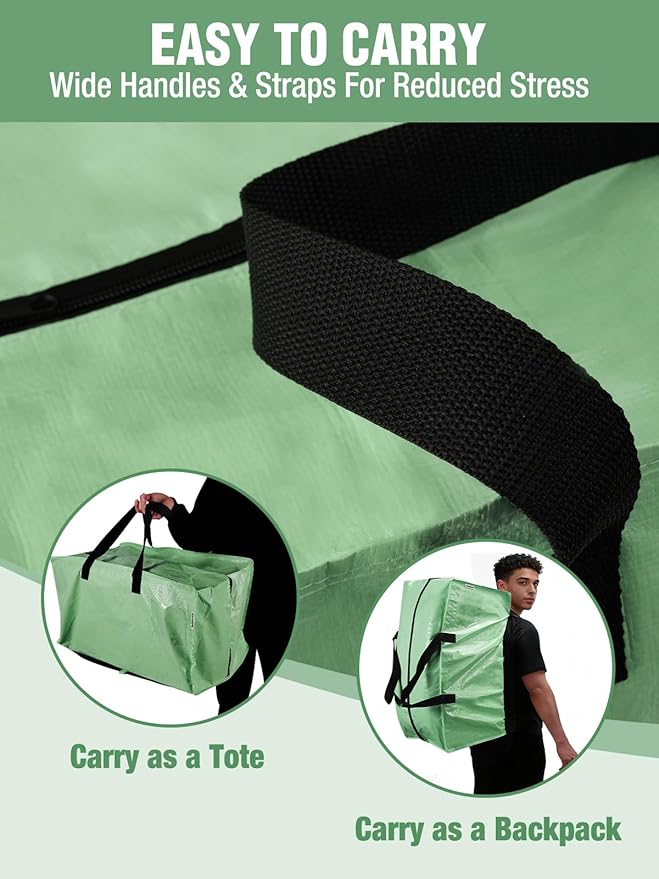 WORKPRO 8 Pack Extra Large Moving Bags with Zippers & Carrying Handles Backpack Straps, Heavy-Duty Storage Tote for Space Saving & Storage, Alternative to Moving Box (Green)