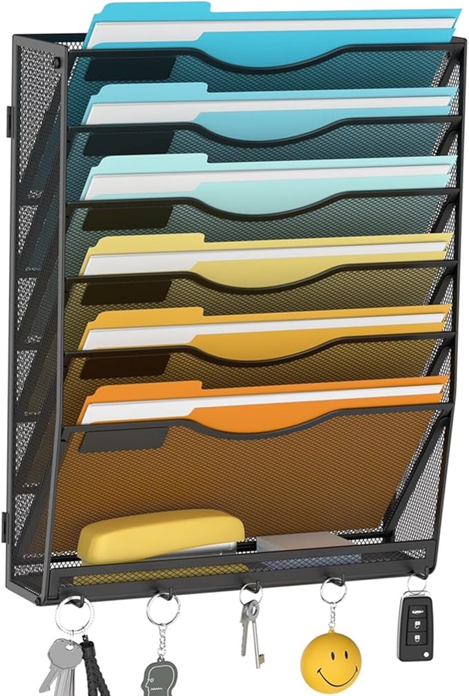 Delifox 7-Tier Wall File Organizer Hanging Wall File Holder Wall Mount Paper Folder Organizer, Mesh Mail Paper Orgnization Hanging File Folder Holder for Home Office, Black