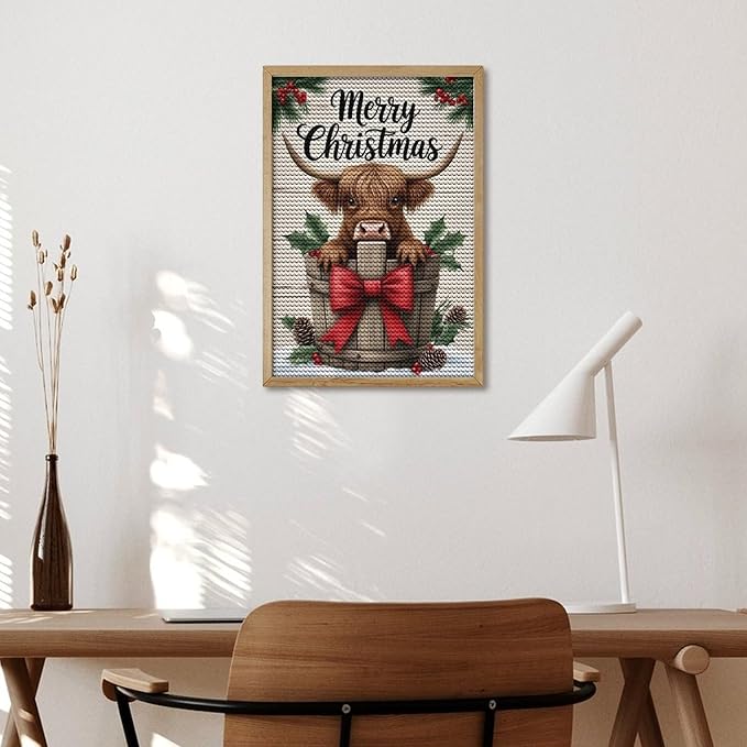 AIVKIEJK Diamond Painting Kits for Adults - Highland Cow Merry Christmas Painting DIY 5D Full Drill Diamond Dots Paintings with Diamonds Gem Art and Crafts Home Decor 8"x12"