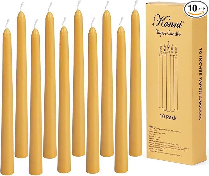 KONNI 0.87×10 Inch Wax Yellow Taper Candles, Unscented and Smokeless Tall Candlesticks, 10 Pack Tapered Candles with Cotton Wicks, Long Burning, Ideal for Weddings, Dinner Parties, and Home Décor