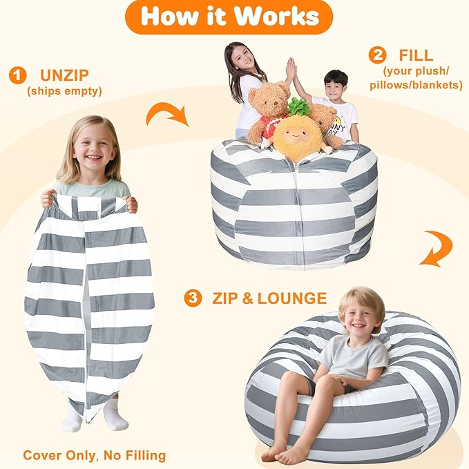 Lukeight Stuffed Animals Storage Bean Bag Chair Cover Only (Ships Empty, No Filling) - Velvet YKK Zipper Beanbag Cover for Kids and Big kids, Washable Plush Toy Organizer, X-Large 30" D x 18" H