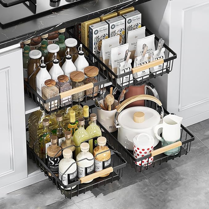 2 Pack No Drill Pull Out Cabinet Organizer, Premium Carbon Steel Slide-Out Drawer with strong nano adhesive, Under Cabinet Storage Shelf for Kitchen, Pantry, Bathroom, Black