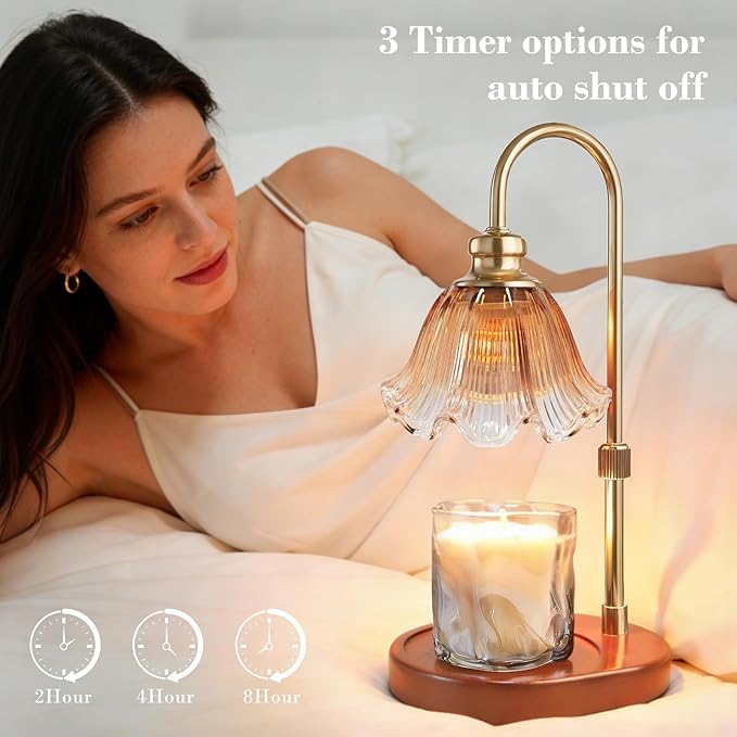 Candle Warmer Lamp with Timer: Birthday Gifts for Women, House Warming Gifts New Home Decor – Height Adjustable Candle Lamp for Mom, Anniversary - Walnut Solid Wood Base, with 2 Bulbs
