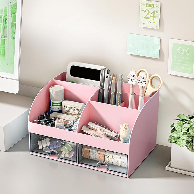 COMFYROOM Desk Organizer with 6 Compartments and 2 Drawers, Plastic Makeup Organizer, Pen Holder for Desktop Storage, Desk Organization for School, Home, Office Supplies Pink-2Pack