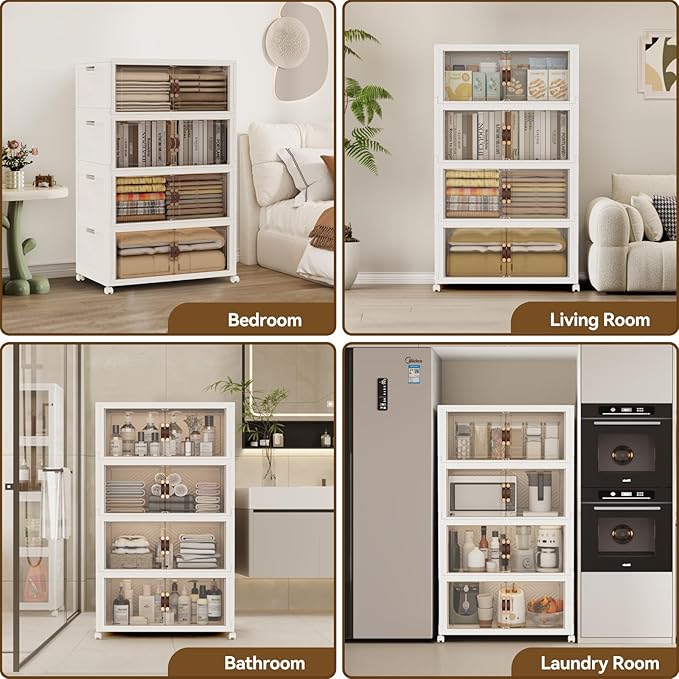 SAILUN 424QT/106Gal Stackable Storage Bins with a Lid, Collapsible Storage Bins With Doors, Folding Cabinet for Home Closet Organization,4 Pack-26 W x 16.5" D x 57.1" H White