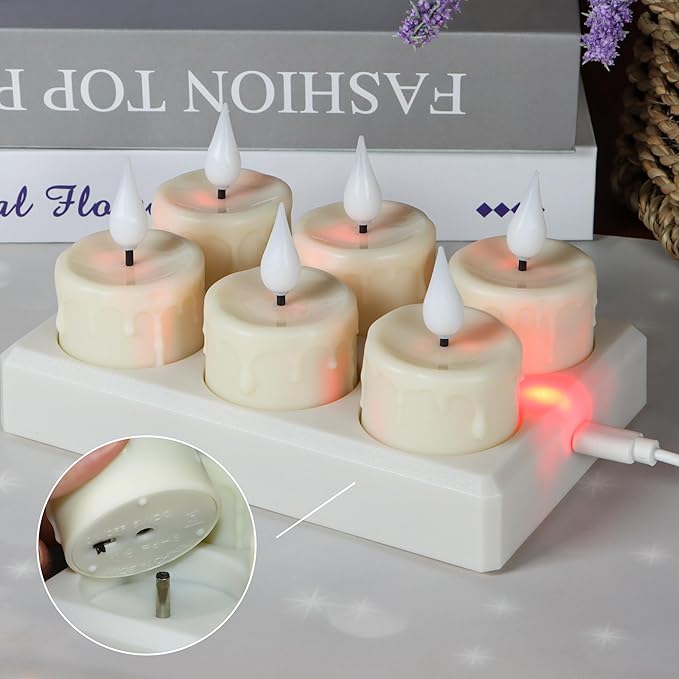 Rechargeable Tea Lights with Remote and Timer, 6pcs Flameless Candles LED Flickering with Charging Base and USB Cable, Electric Votive Tealights Warm White