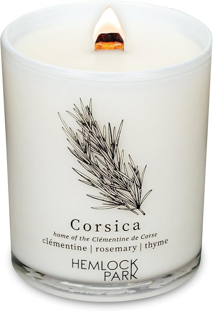 Hemlock Park Travel Inspired Passport Crackling Wood Wick Candle Handcrafted with Natural Plant-Based Coconut Wax (Standard 7.2 oz, Corsica | Clémentine, Rosemary, Thyme)