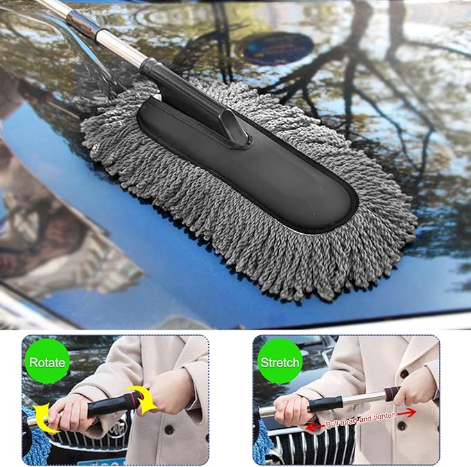 2 PCS Microfiber Car Duster, Scratch Free Auto Exterior Interior Large Dusting Cleaning Brush, Multipurpose Vehicle Dust Cleaner with Extendable Handle, Car Accessories (Gray)