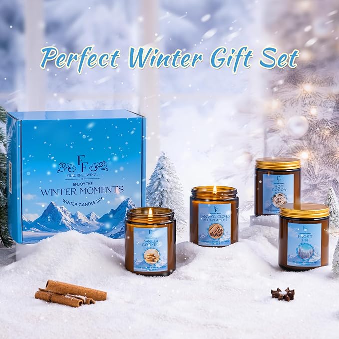 Christmas Candles, Winter Scented Candles for Home, 4 Pack Holiday Natural Soy Candles, Gifts for Women Men, Fragrance of Fir/Hot Cocoa/Vanilla Cookies/Cinnamon