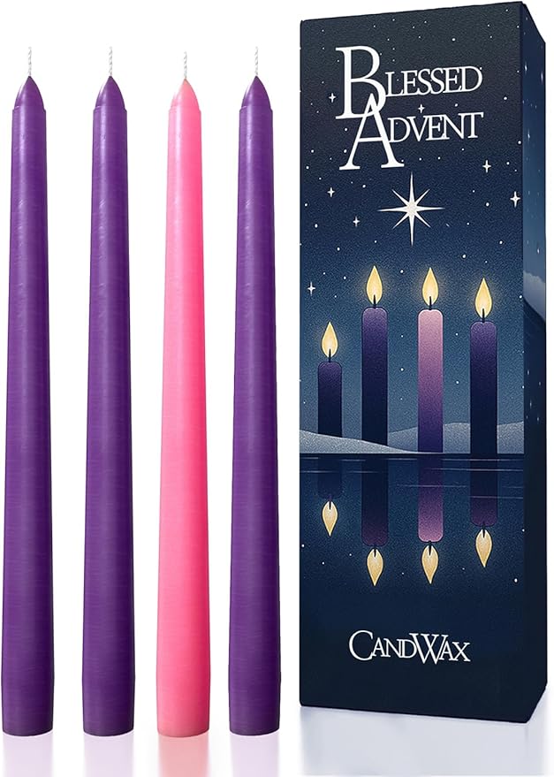 CANDWAX 10 Inch Advent Taper Candles Set of 4 - Long Burning Dripless Unscented Tapers - Perfect for Advent Wreaths, Christmas Décor - 3 Purple Tapers, 1 Pink Tapered Candle