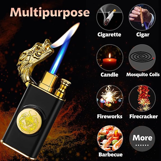 Torch Lighter, Magic Dual Flame Dragon Lighters with Adjusting Flame Tool, Creative Windproof Cool Design, Refillable Butane Lighter Gifts for Men Friend Outdoor Indoor(Without Butane)-Gold Dragon