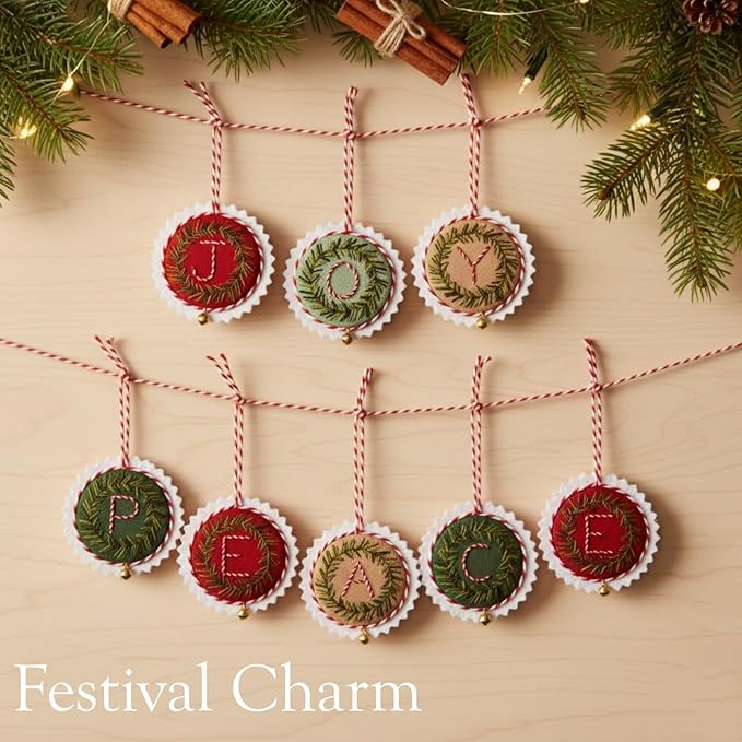 TenDawn Personalized Christmas Embroidery Ornament Kit, Set of 6 DIY Wreath Decorations with Customizable Letters – Handmade Holiday Ornaments for Tree & Gift – Rustic Christmas Decor